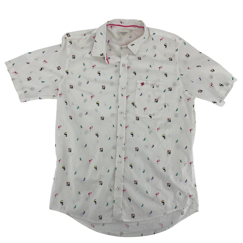 Tannery Button Down Shirt Mens Medium White Excellent Tropical Bird Short Sleeve